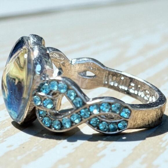 Silver Dolphin Ring With Blue Crystals & Hidden Message New - Picture 5 of 8